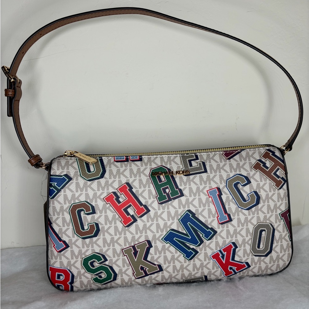 Michael Kors Jet Set LG Pouchette Shoulder Bag NWT Varsity Letter Vanilla Logo
